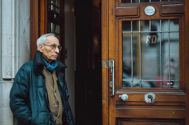 Elderly Man Standing Before Wooden Door