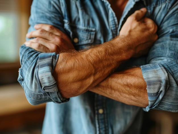 Photo elderly man standing in pain with a hurt elbow teeth clenched generative ai