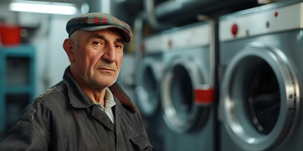 Elderly man stands confidently in a laundromat experienced worker amidst machines authentic portrait in a workplace environment AI