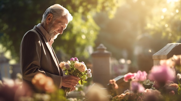 An elderly man stands at the grave with flowers in the cemetery. High quality photo