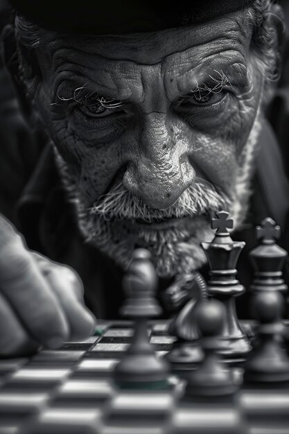 Elderly Man Strategically Playing Chess