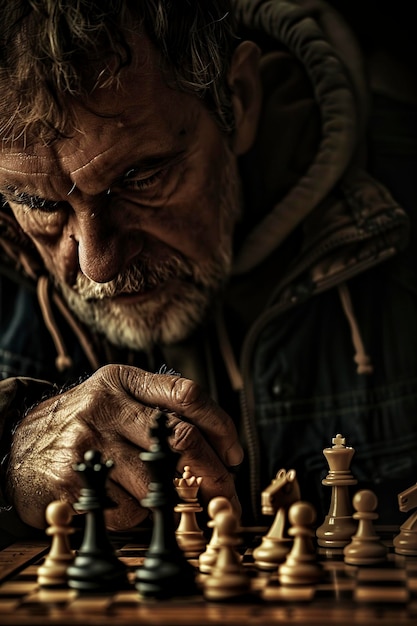 Elderly Man Strategically Playing Chess