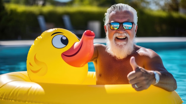 Foto un uomo anziano nuota in una piscina su un anacchino gonfiabile giallo durante il fine settimana