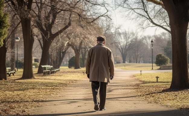 Foto un uomo anziano fa una passeggiata solitaria lungo un sentiero alberato in un parco tranquillo al tramonto