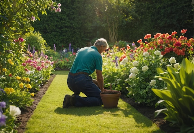 한 노인이 울창한 정원에 식물을 심는 경향이 있습니다. 평온한 환경은 개인적인 취미를 반영합니다.