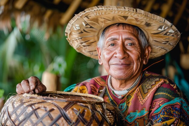 Пожилой мужчина в традиционной одежде с шляпой улыбается и держит тканую корзину в деревенской обстановке