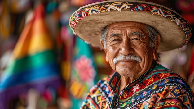 メキシコ の 伝統 的 な 服装 を 着た 高齢 の 男 と,文化 を 発揮 し て いる 豊富 に 装飾 さ れ た 帽子