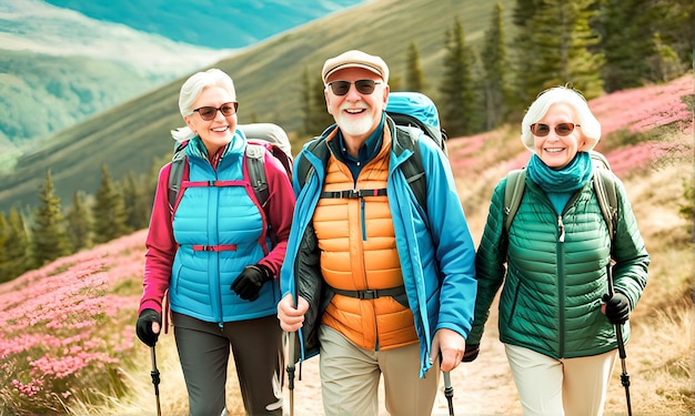 Foto un uomo anziano e due donne anziane conducono uno stile di vita attivo camminando in natura con gli zaini