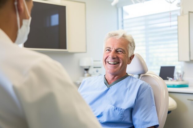 elderly man visiting the dentist bokeh style background