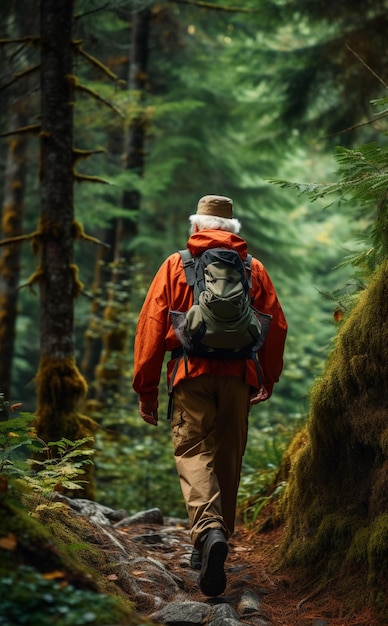 An elderly man walking in hiking trails