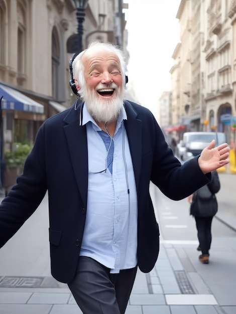 Photo elderly man wearing a beard and headphones dancing in the street