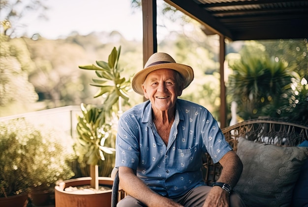 An elderly man wearing a hat and sitting on a chair