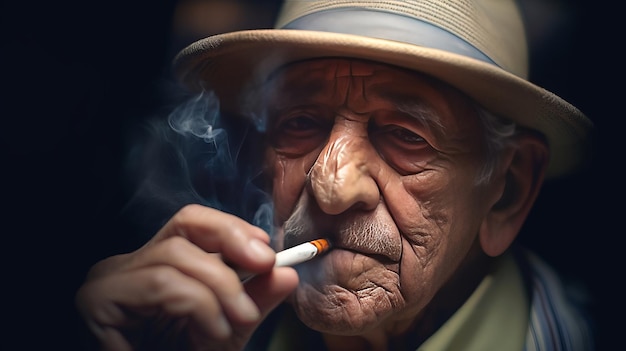 An elderly man wearing a hat and smoking a cigarette