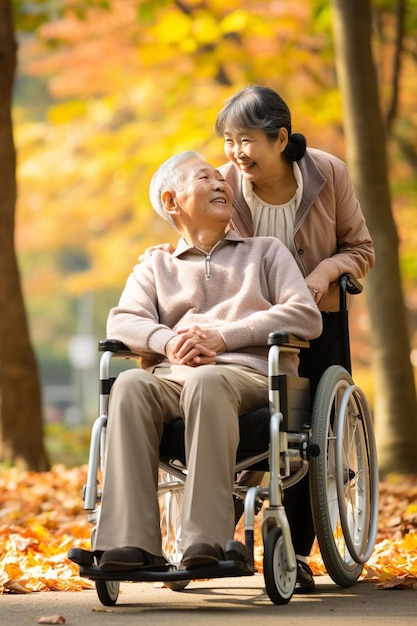 an elderly man in a wheel chair being pushed by a woman