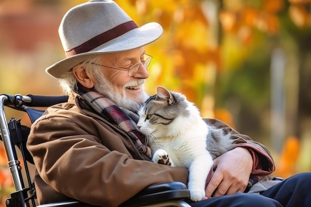 Foto un uomo anziano in sedia a rotelle che tiene un gatto