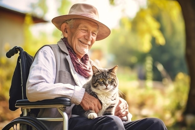 Elderly Man in Wheelchair Holding a Cat