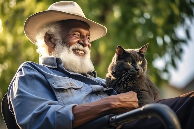 Elderly Man in Wheelchair Holding White Cat