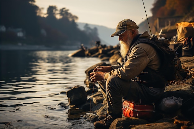 Elderly man with beard fishing on shore of lake