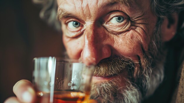 Elderly man with a contemplative gaze holding a glass of whiskey