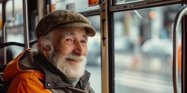 公共交通機関に乗っている優しい笑顔の年配の男性 自然の光で本物のライフスタイルの肖像画 都市通勤シーン AI