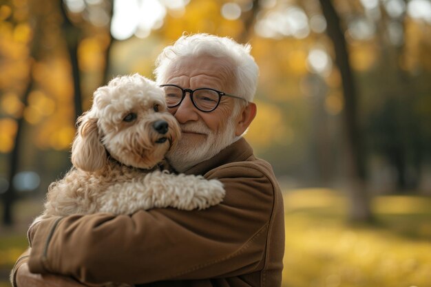 Elderly Man With Glasses Embracing His Furry Companion In The Park