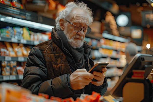 Photo an elderly man with glasses pays with a smartphone