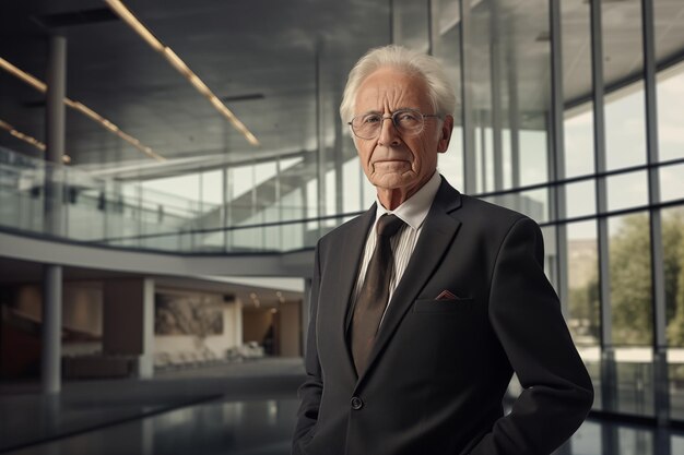 An elderly man with grey hair in a business outfit and eyeglasses in the modern office building