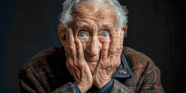 Elderly Man with Hands on Face Showing Deep Emotions