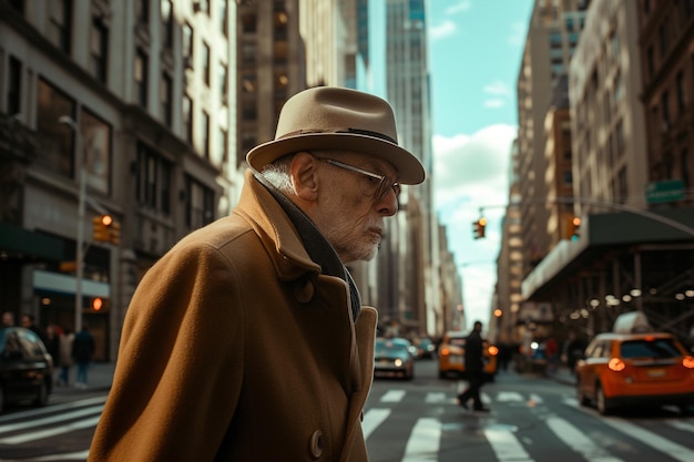 Elderly man with hat and sunglasses walking in the city with AI generated