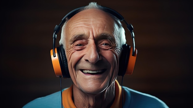 an elderly man with headphones on his head.