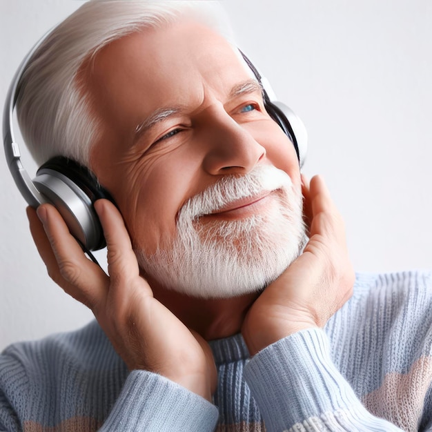 elderly man with headphones on white background ai generative