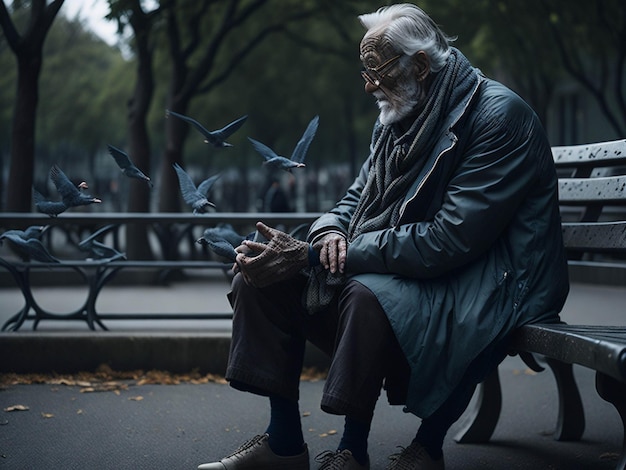 An elderly man with a lifetime of stories etched into the lines on his face sitting on a park bench