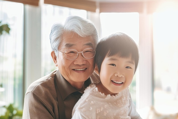 部屋で小さなアジアの女の子と一緒に抱きしめ ⁇ 会合で楽しみ ⁇ 喜び ⁇ 孫娘と祖父の出会い ⁇ 高齢者の世話 家族の価値観