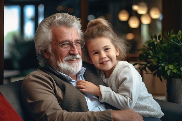 Foto un uomo anziano con una bambina nella stanza si abbracciano, si divertono e si rallegrano durante l'incontro incontro della nipote e di suo nonno prendersi cura degli anziani valori della famiglia