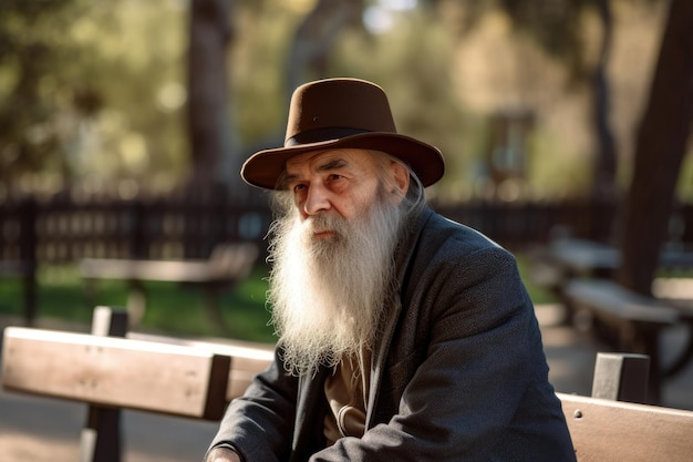 긴 수염과 공원의 나무 벤치에 앉아 있는 모자를 쓴 노인