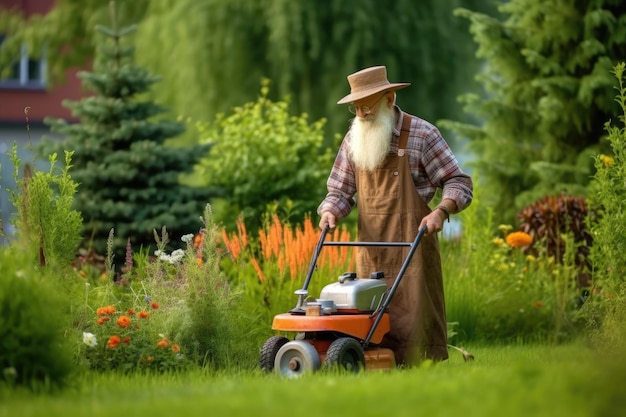 An elderly man with a long gray beard in a hat mows grass in the backyard of a house