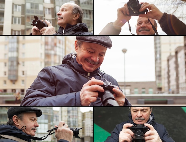 An elderly man with a mirrorless camera chooses a frame on the s