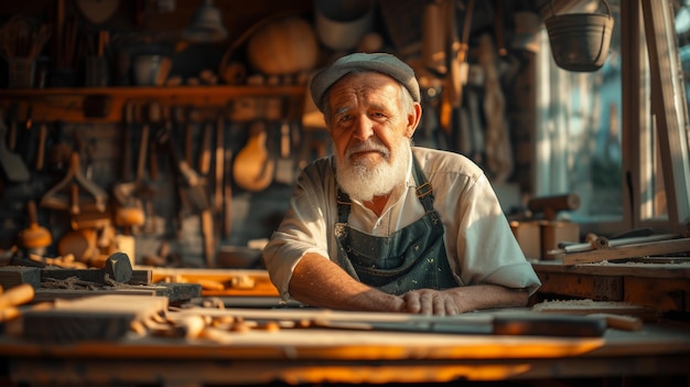 Elderly man with a white beard wearing a flat cap and apron stands in a woodworking shop surrounded by tools and wood shavings