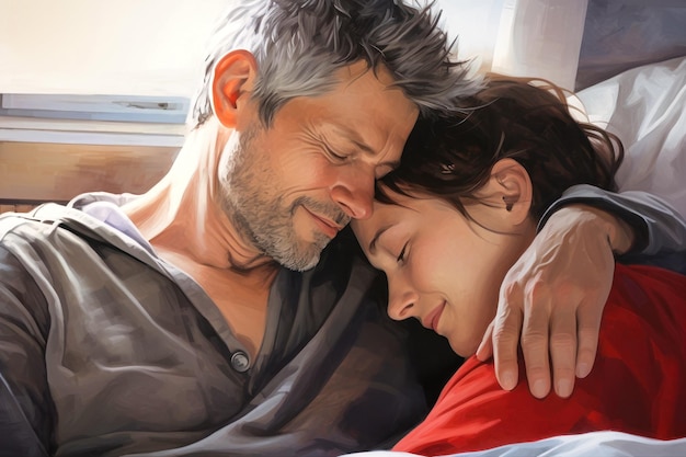 한 노인 남녀 가 침대 에 함께 누워 있는 모습 을 묘사 한 그림 은 그 부부 사이 의 사랑 과 애정 을 보여 준다