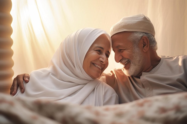 An elderly man and woman both Oriental lay together in bed expressing love and closeness