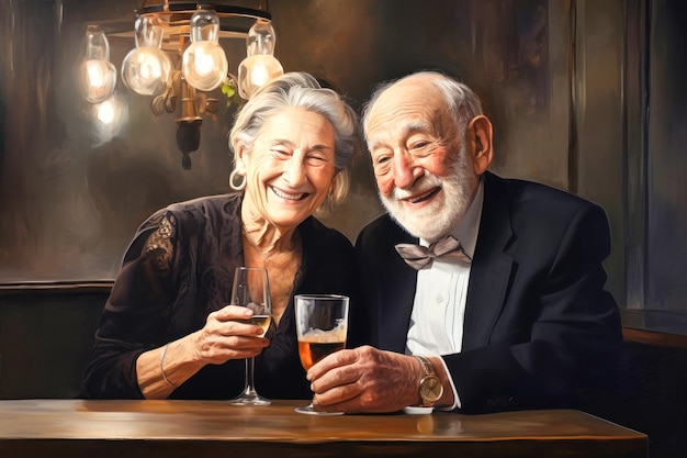 Elderly Man and Woman Enjoying Wine at Bar