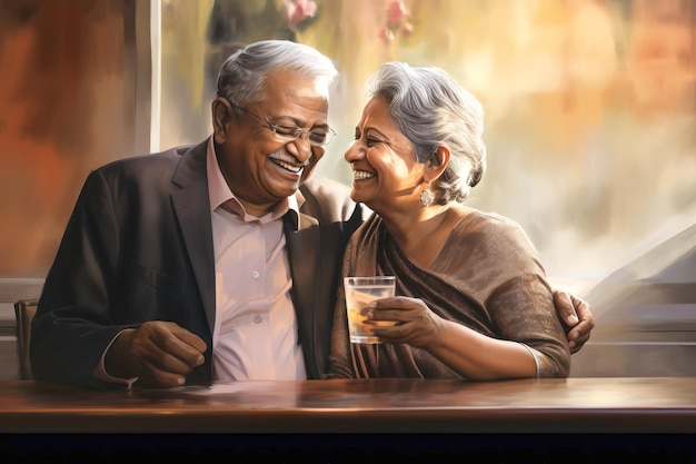 Elderly Man and Woman Enjoying Wine at Table