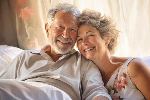 An elderly man and woman expressing love and affection as they cuddle together on a bed