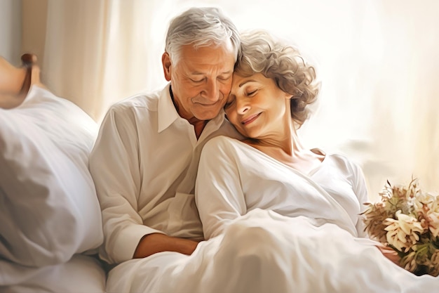 An elderly man and woman lay side by side in bed reflecting love and companionship in their shared moment