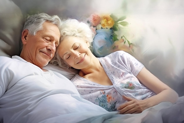 An elderly man and woman lie side by side on a bed showcasing love and companionship