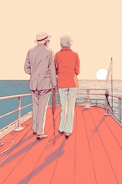 年配の男性と女性がヨットのピンクアートで遠くを見ています