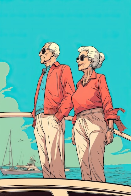 Foto un uomo e una donna anziani guardano in lontananza su uno yacht