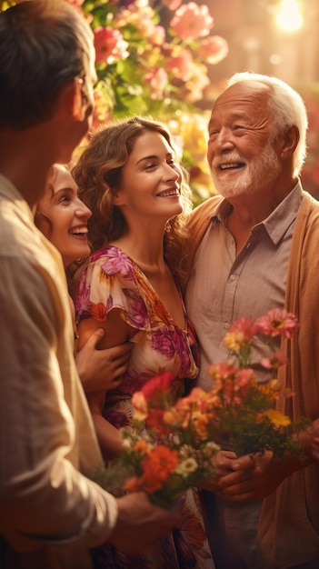 An elderly man and woman with two young women in a flower shop