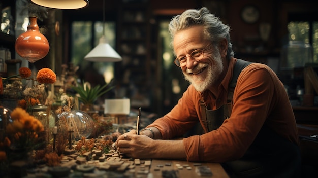 Elderly man working in a office