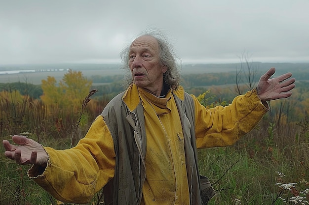 elderly man in yellow coat standing in the forest